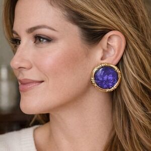 Vintage Purple Marbled Lucite Statement Earrings Gold Tone Round Light Weight